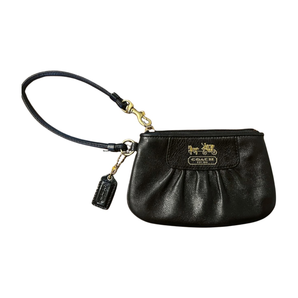 Coach Leather Gathered Pleated Madison Carriage Wristlet Bag Black/Gold